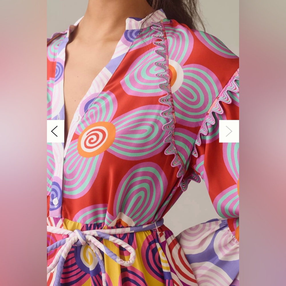 Celia B Maryann V-Neck Mixed Print Midi Dress Button Bright Whimsy Size L - Picture 9 of 16